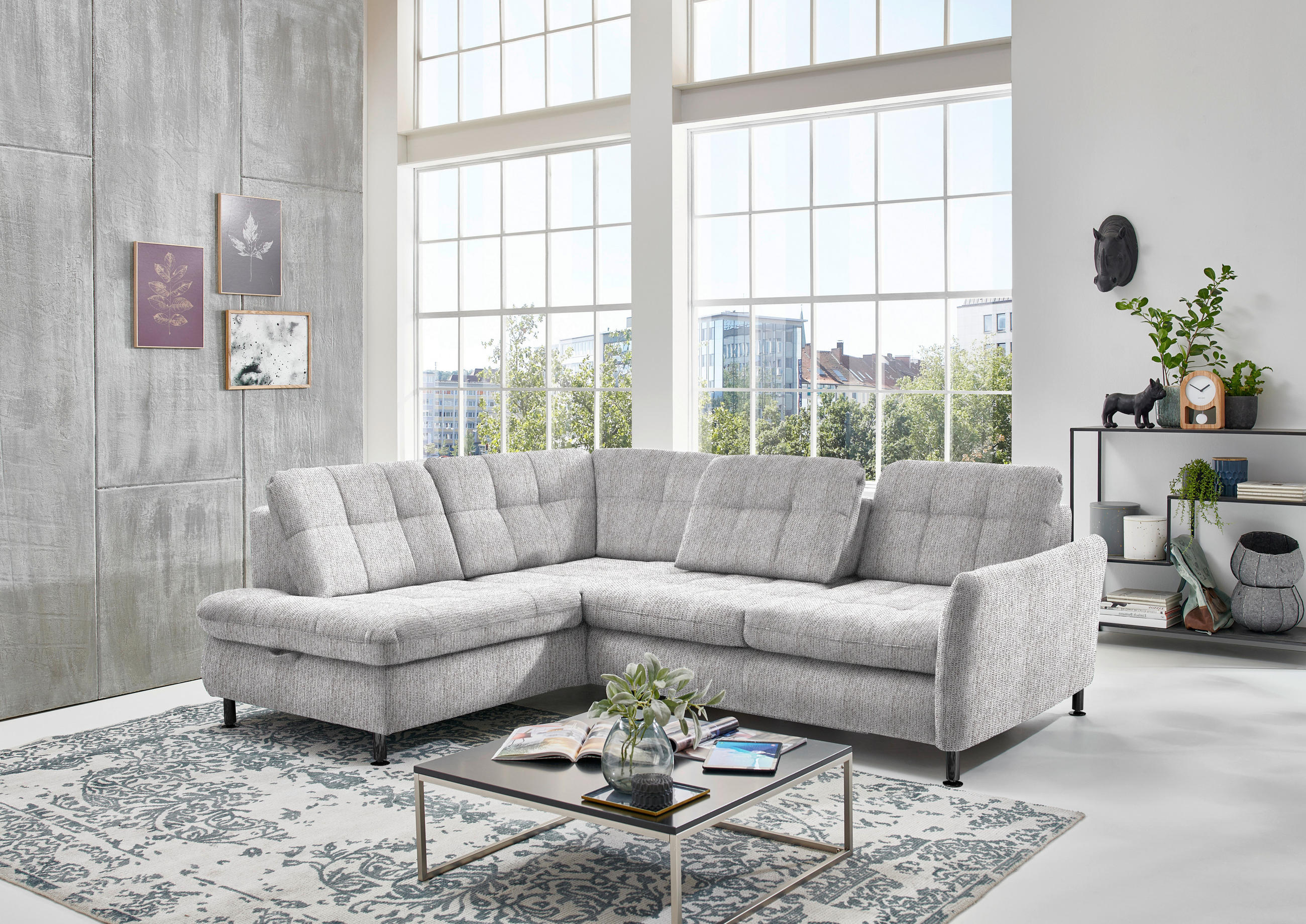ECKSOFA in Webstoff Hellgrau  - Hellgrau/Schwarz, Konventionell, Textil/Metall (210/242cm) - Beldomo Style
