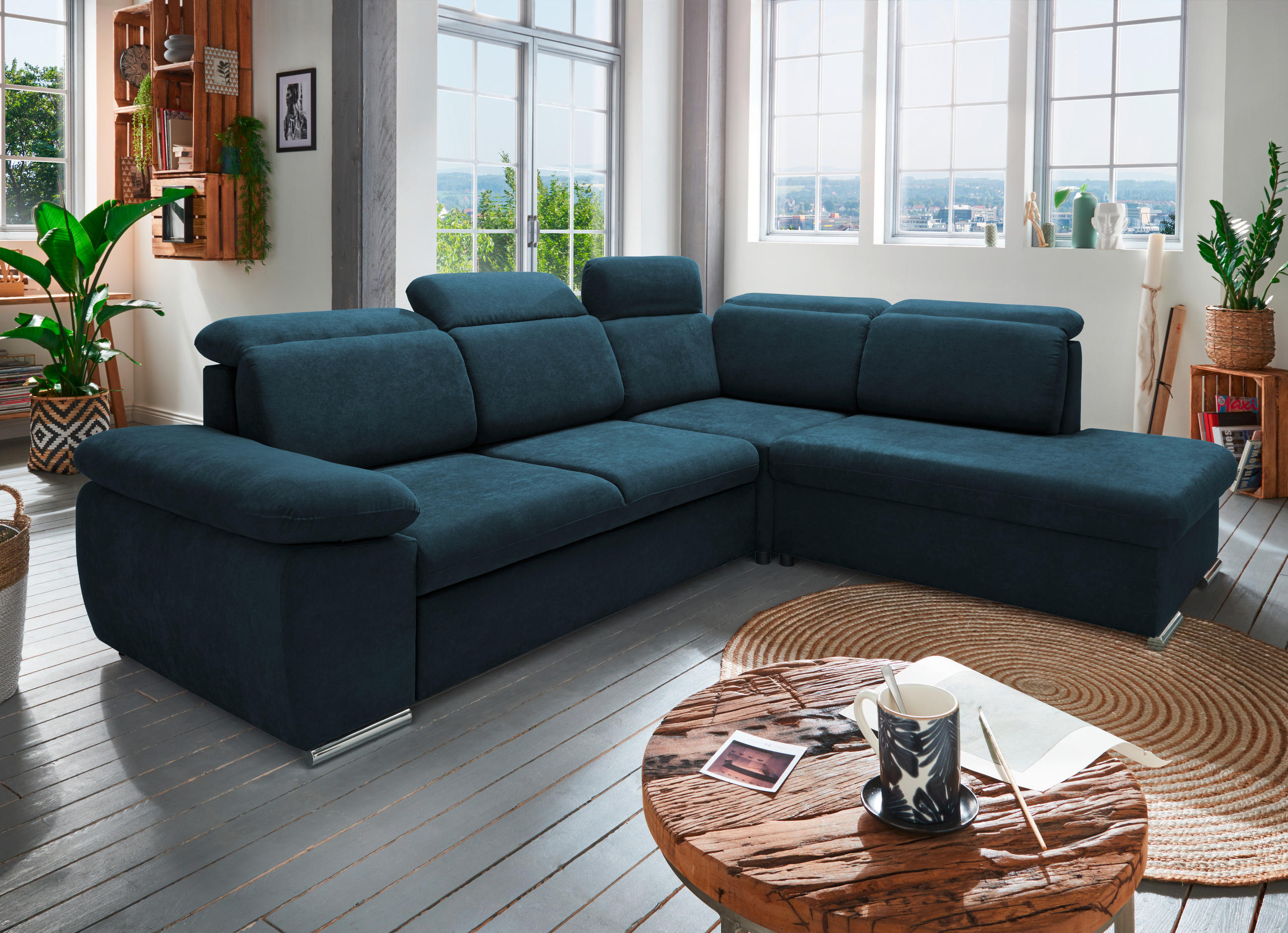 ECKSOFA in Mikrofaser Dunkelblau  - Chromfarben/Dunkelblau, Design, Textil/Metall (283/228cm) - Livetastic