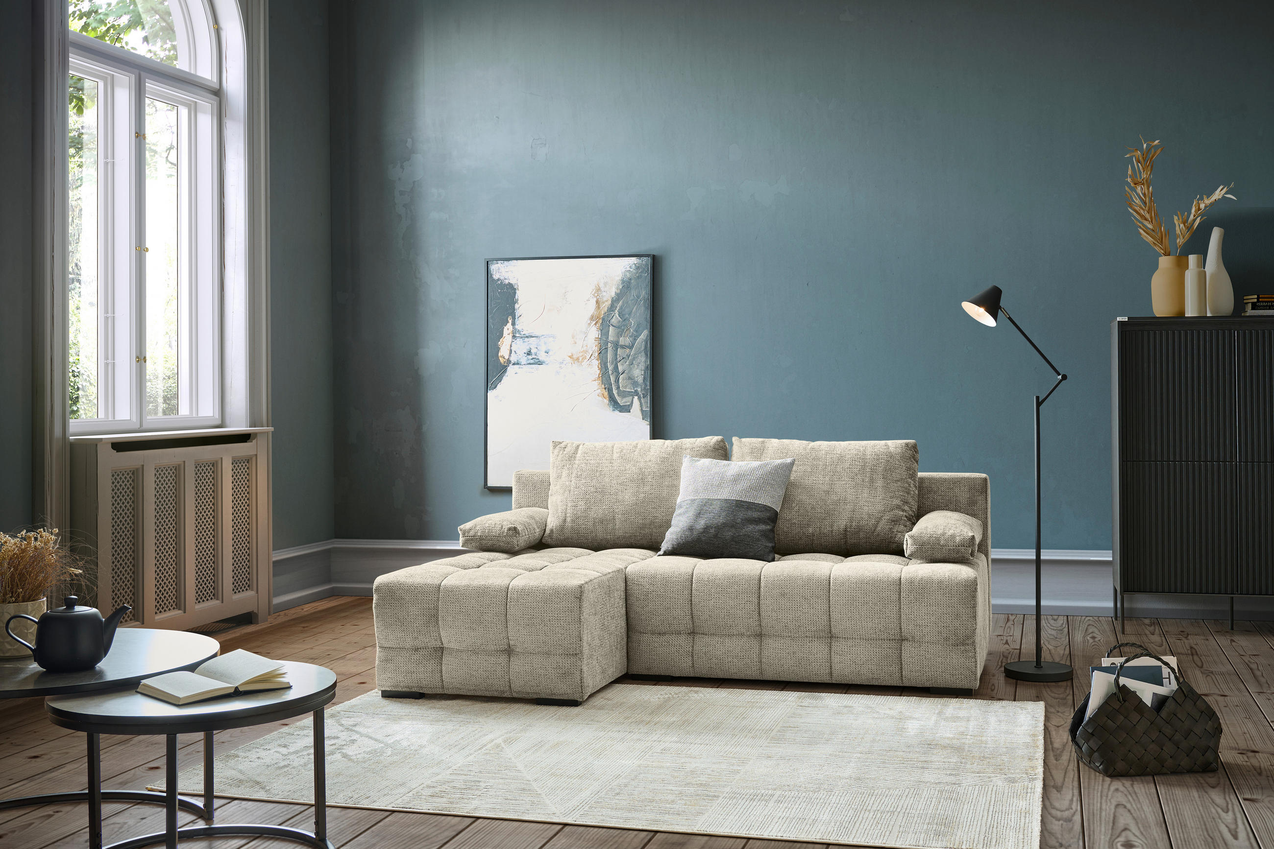 ECKSOFA Greige Chenille  - Greige/Schwarz, MODERN, Kunststoff/Textil (145/204cm) - home24