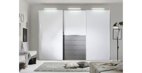 SCHWEBETÜRENSCHRANK in Grau, Weiß - Chromfarben/Weiß, Design, Glas/Holzwerkstoff (280/222/68cm) - Moderano