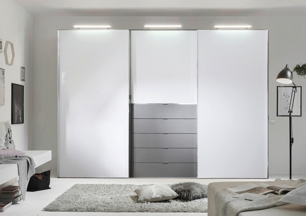 SCHWEBETÜRENSCHRANK  in Grau, Weiß  - Chromfarben/Weiß, Design, Glas/Holzwerkstoff (249/222/68cm) - Moderano