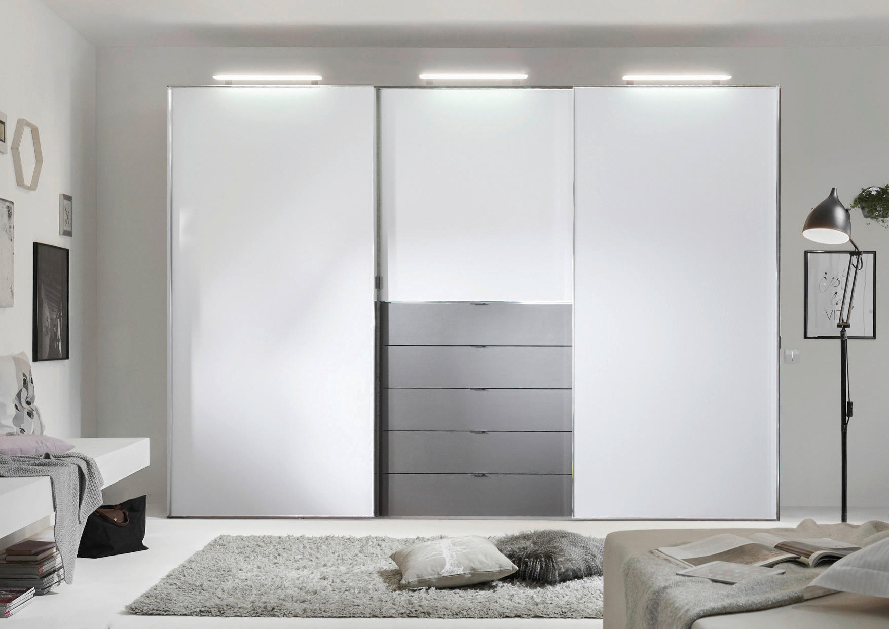 Thumbnail - Moderano Schwebetürenschrank, Grau, Weiß, Metall, 6 Fächer, 5 Schubladen, BQ - Bündnis für Qualität, Made in Germany, Ty...