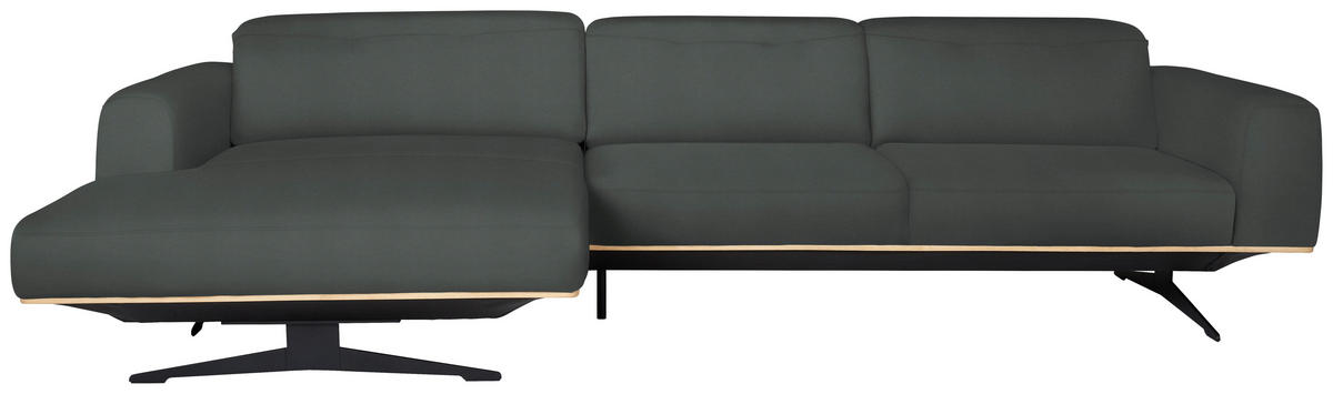 ECKSOFA in Echtleder Grau  - Eichefarben/Schwarz, Design, Leder/Holz (163/305cm) - Novel