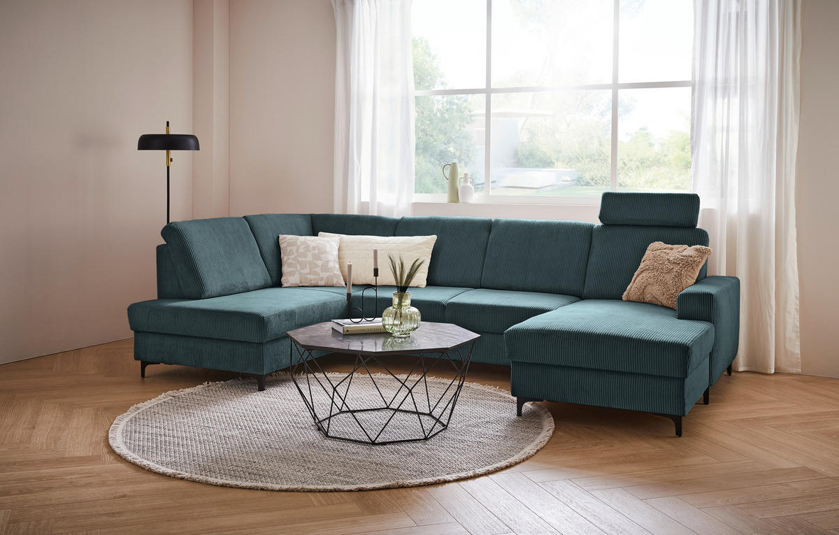 WOHNLANDSCHAFT in Cord Petrol  - Petrol/Schwarz, Konventionell, Textil/Metall (185/317/167cm) - Stylife