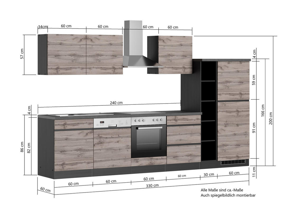 KÜCHENBLOCK 330 cm   in Graphitfarben, Eiche Wotan  - Eiche Wotan/Graphitfarben, Design, Holzwerkstoff (330cm) - Held