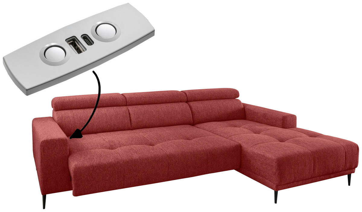 ECKSOFA Rot Chenille  - Rot/Schwarz, KONVENTIONELL, Textil/Metall (276/188cm) - Livetastic
