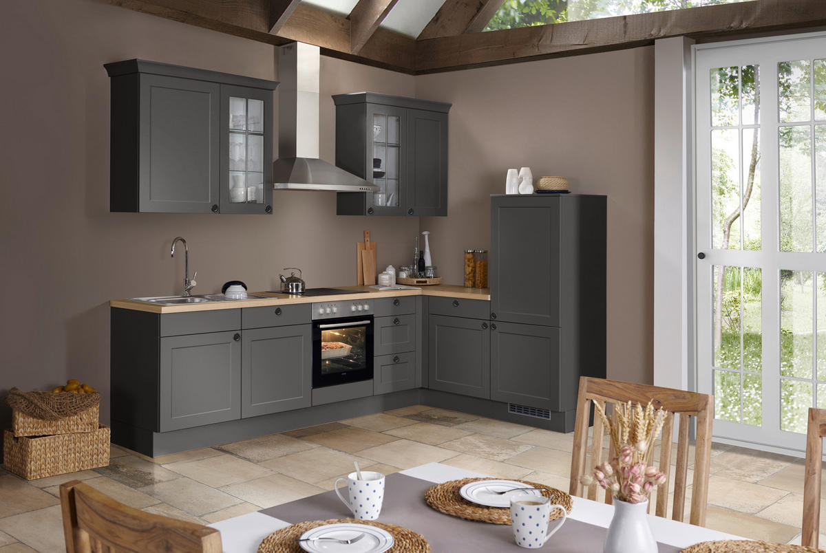 ECKKÜCHE 290,0/185,4 cm  Graphitfarben  - Eichefarben/Schwarz, Basics, Glas/Holzwerkstoff (290,0/185,4cm) - Impuls