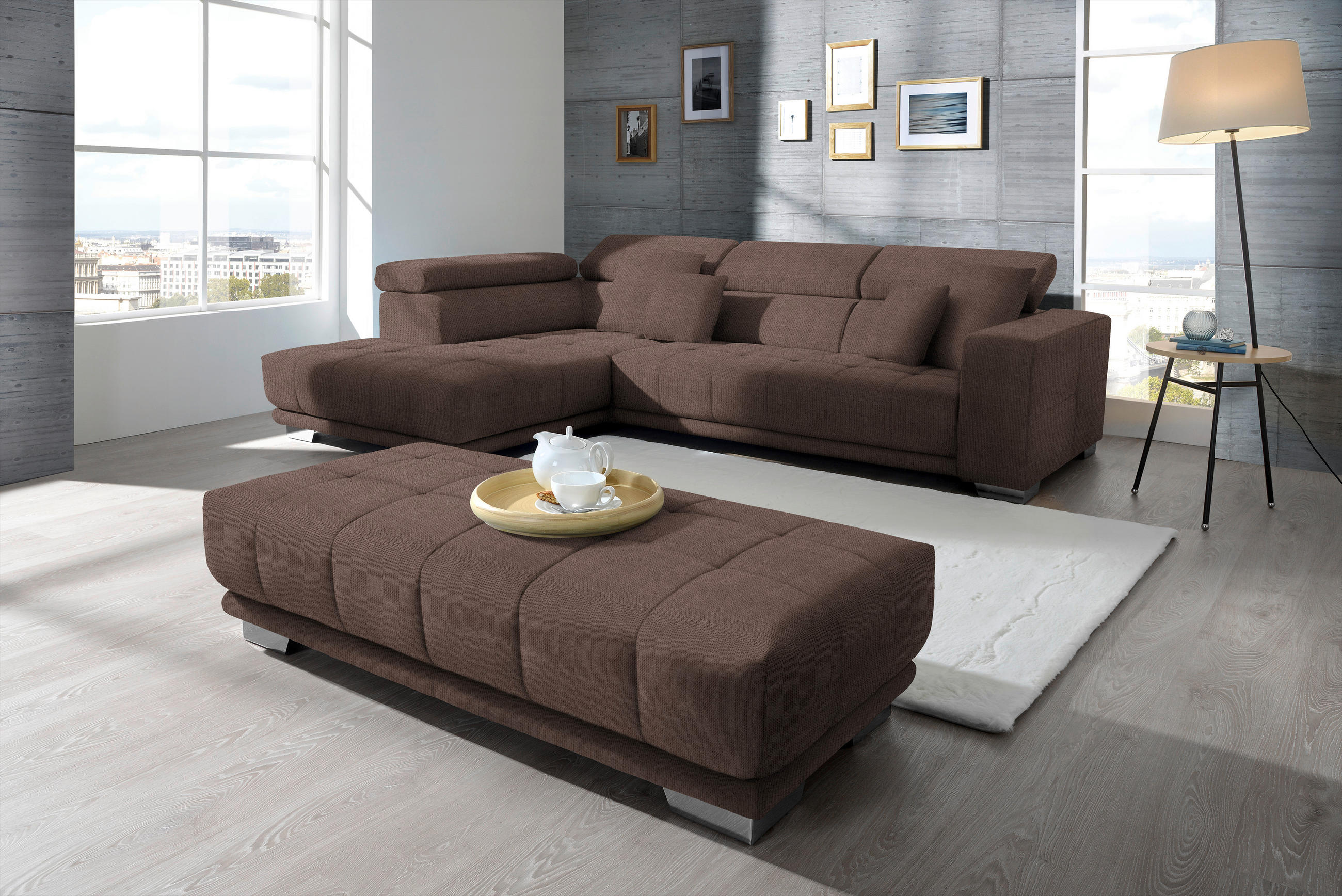 ECKSOFA in Mikrofaser Hellbraun  - Chromfarben/Hellbraun, Design, Textil/Metall (207/301cm) - Xora