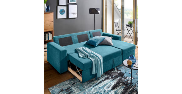 ECKSOFA inkl.Funktionen Petrol Webstoff Rückenkissen, Bettkasten, Schlaffunktion  - Petrol/Schwarz, Design, Textil (245/160cm) - Xora