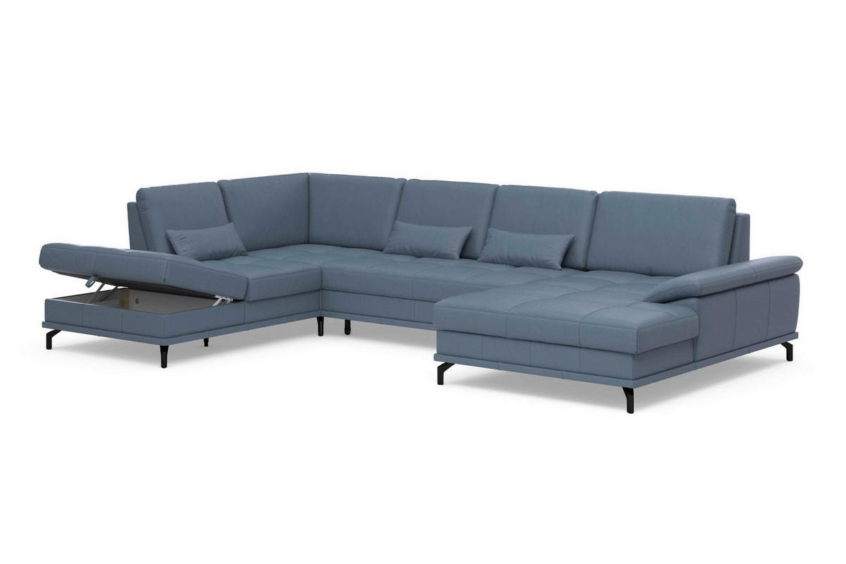 WOHNLANDSCHAFT COSTELLO E Graublau Kombination Echtleder/Stoff Mikrofaser  - Graublau/Schwarz, Basics, Leder/Textil (223/363/176cm) - Sit & More