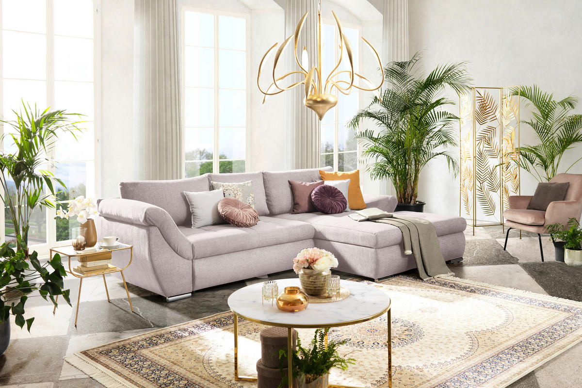 ECKSOFA in Flachgewebe Rosa  - Silberfarben/Rosa, Design, Textil/Metall (306/174cm) - MID.YOU