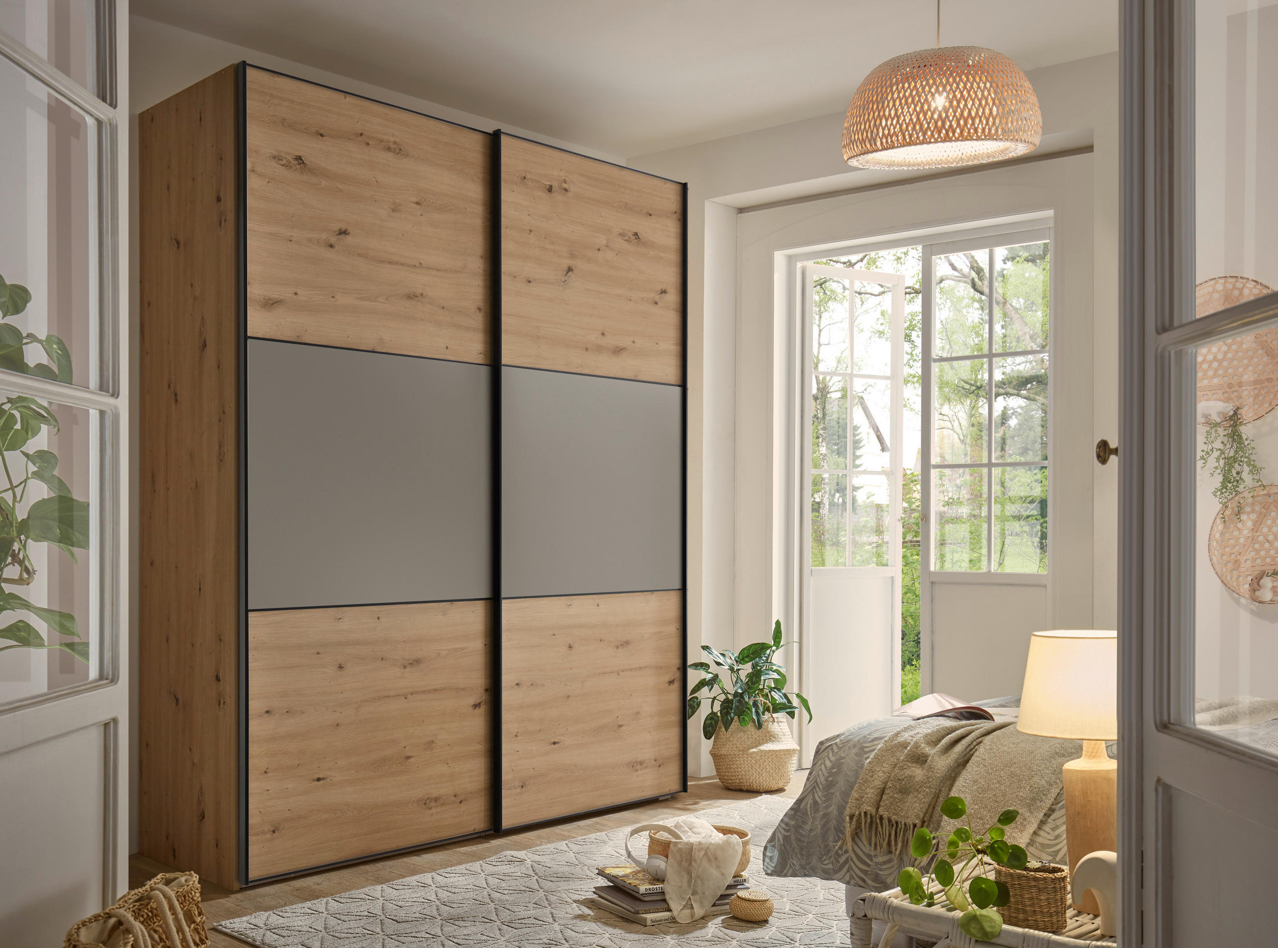 SCHWEBETÜRENSCHRANK 200/222/68 cm 2-türig Hellgrau, Eiche Artisan  - Hellgrau/Schwarz, Holzwerkstoff/Metall (200/222/68cm) - Moderano