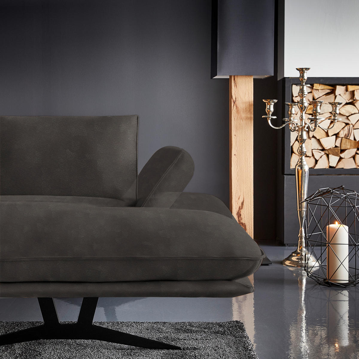 WOHNLANDSCHAFT in Echtleder Graubraun  - Graubraun/Schwarz, Natur, Leder/Metall (217/359/155cm) - Dieter Knoll