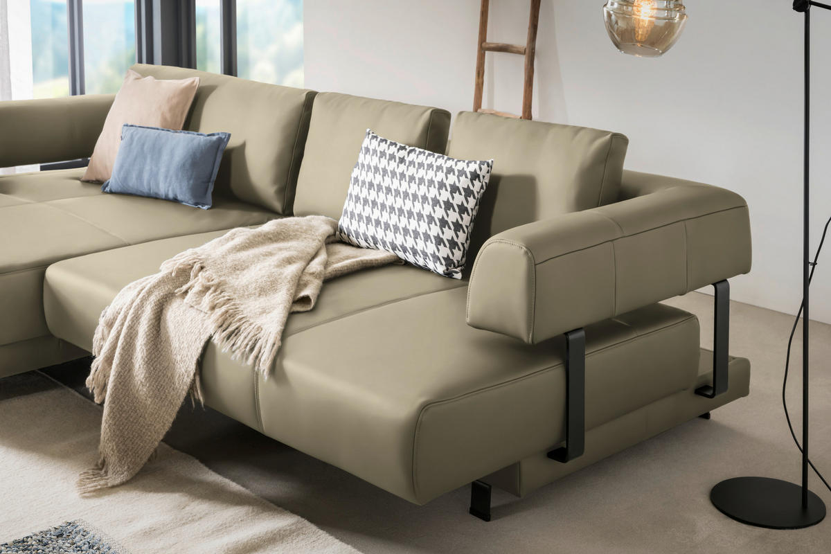 ECKSOFA in Echtleder Sandfarben  - Sandfarben/Schwarz, Design, Leder/Metall (188/307cm)
