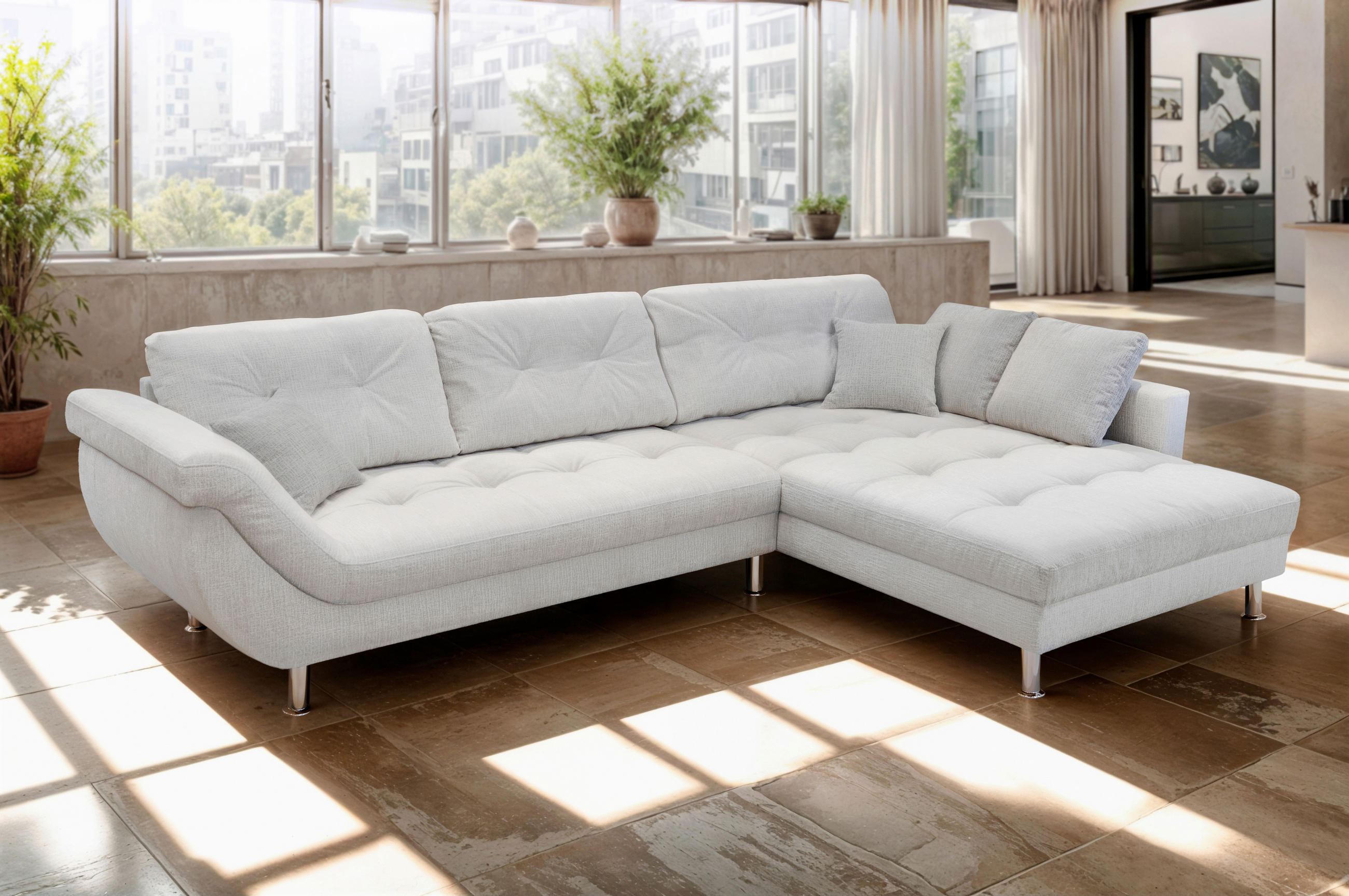 ECKSOFA BROOKLYN Creme Flachgewebe Zierkissen, Rückenkissen  - Silberfarben/Creme, KONVENTIONELL, Kunststoff/Textil (329/199cm) - Livetastic