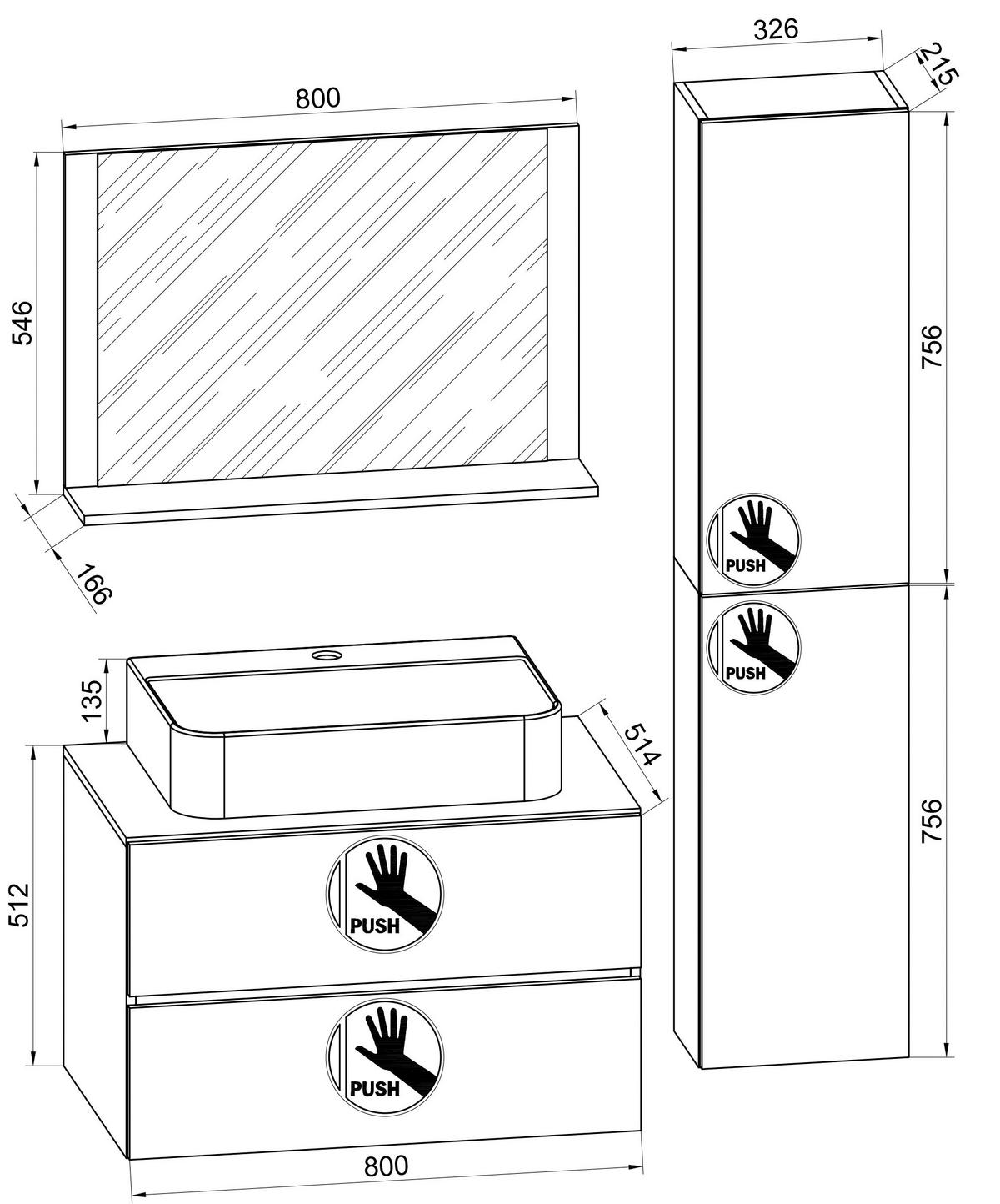 BADEZIMMER 4-teilig  in 114 cm  - Honigeiche/Schwarz, Modern, Glas/Keramik (114cm) - MID.YOU
