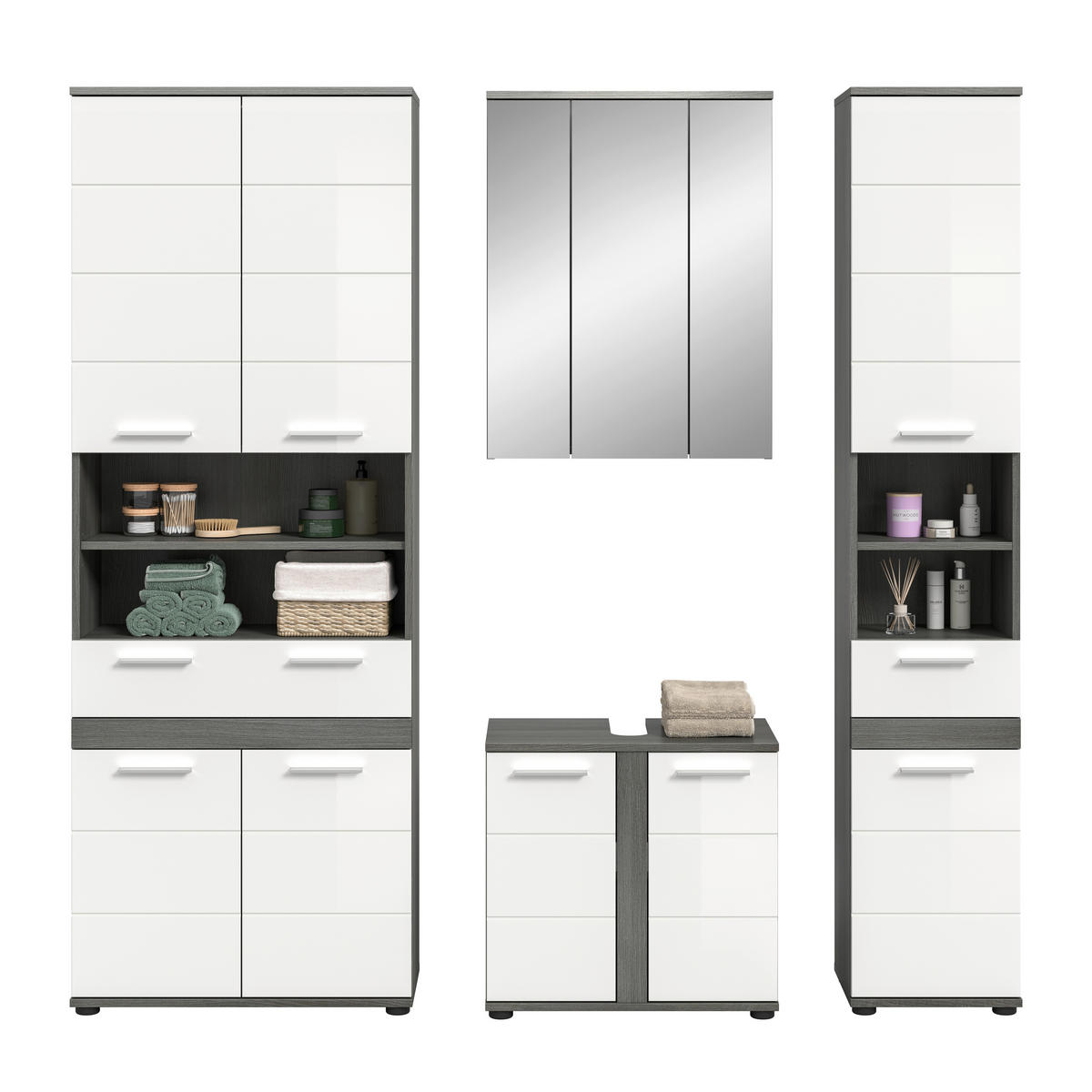 BADEZIMMER 4-teilig  in 195 cm  - Weiß Hochglanz/Silberfarben, Trend, Glas/Holzwerkstoff (195cm) - MID.YOU
