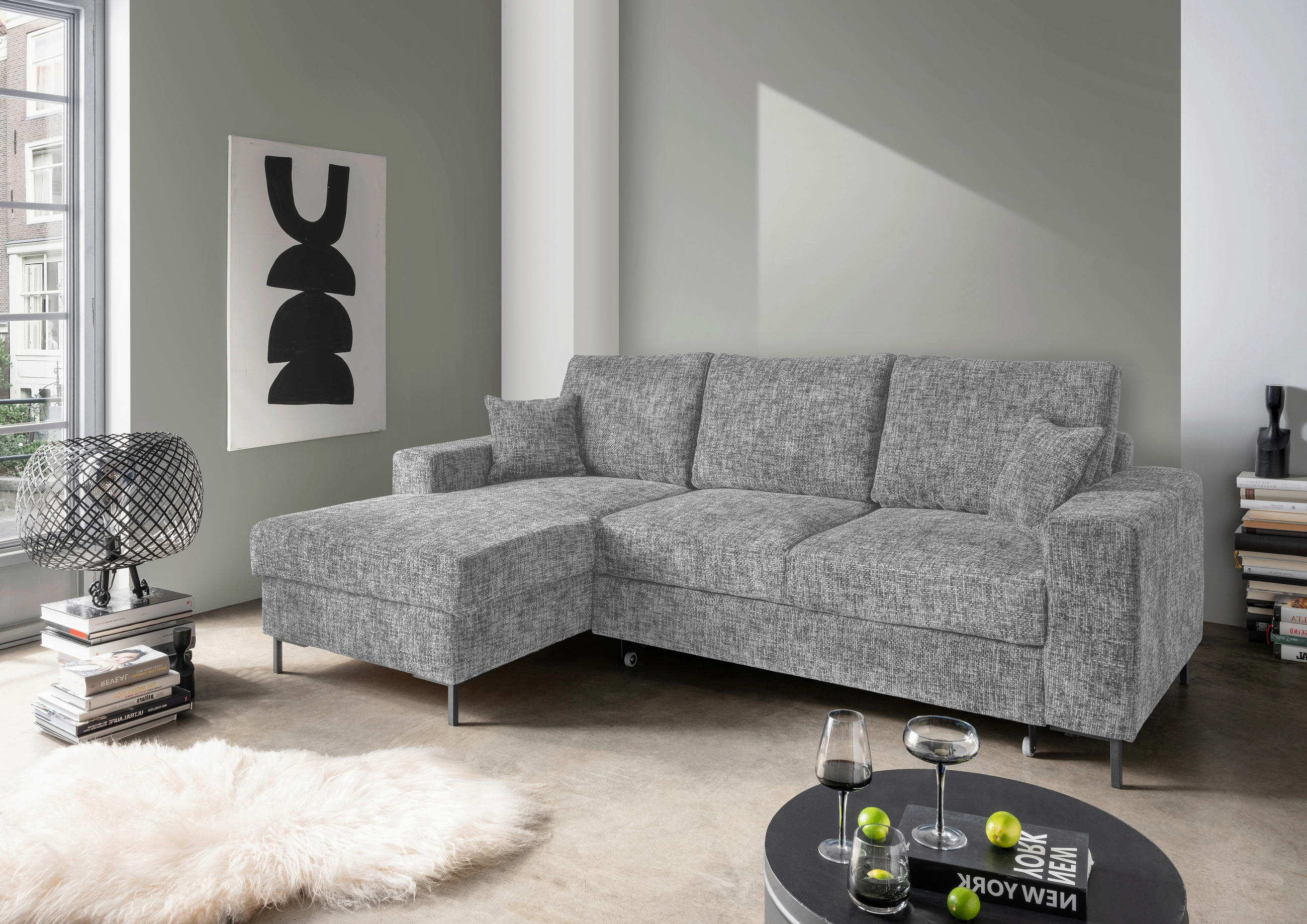 ECKSCHLAFSOFA in Struktur Silberfarben  - Silberfarben/Schwarz, KONVENTIONELL, Textil/Metall (143/237cm) - Livetastic