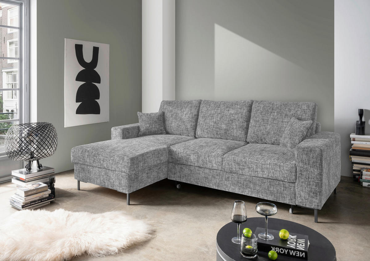 ECKSCHLAFSOFA  mit Rücken echt Struktur Silberfarben  - Silberfarben/Schwarz, KONVENTIONELL, Textil/Metall (143/237cm) - Livetastic