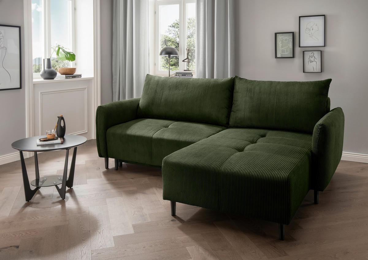 ECKSCHLAFSOFA in Cord Dunkelgrün  - Dunkelgrün/Schwarz, Basics, Holz/Textil (238/174cm) - Livetastic