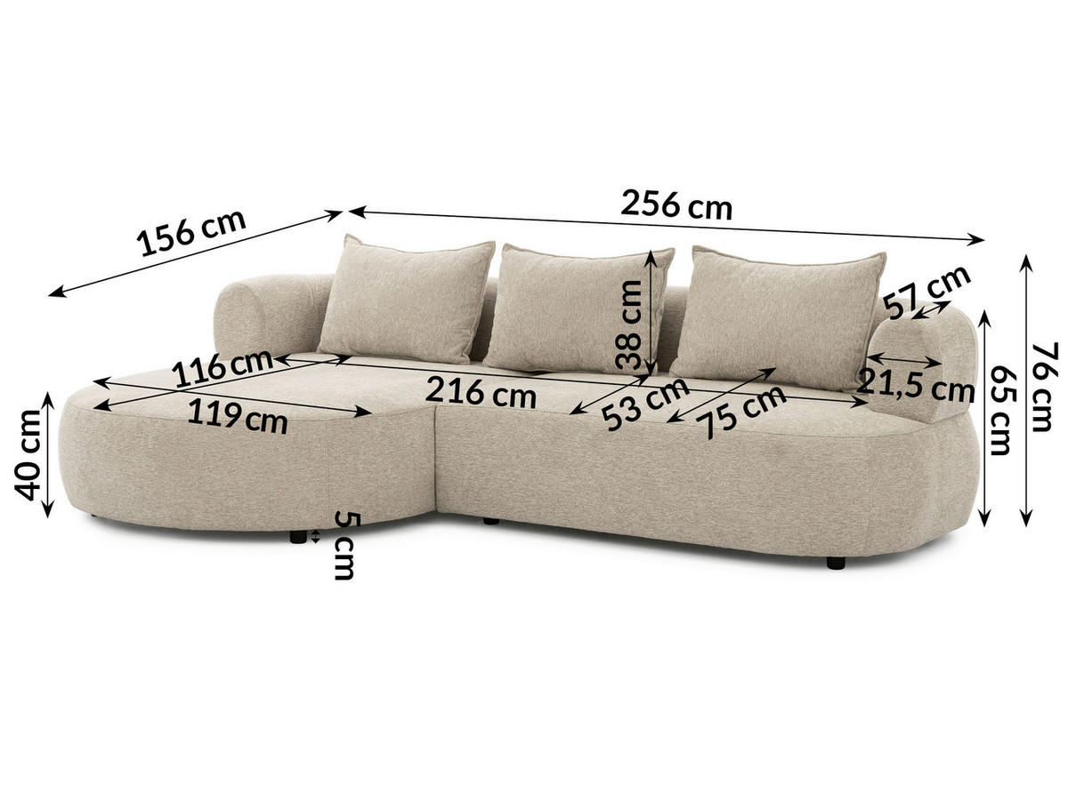 ECKSOFA FERRO Beige Chenille  - Beige/Schwarz, Design, Kunststoff/Textil (156/256cm) - Livetastic