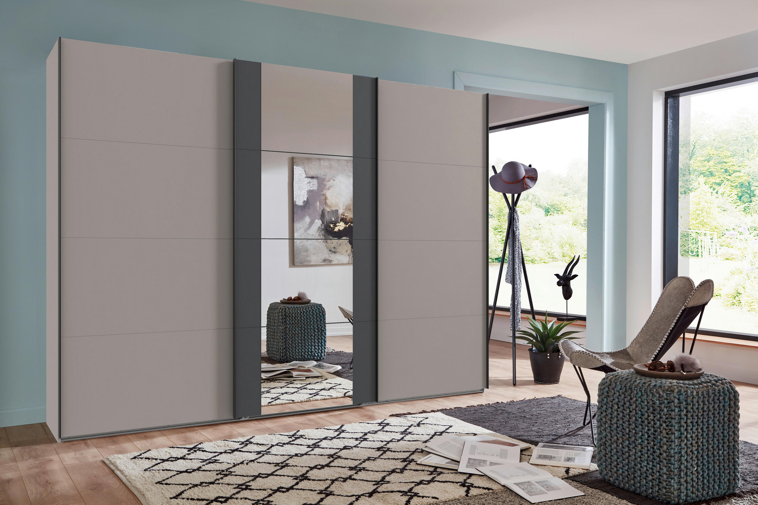 SCHWEBETÜRENSCHRANK  in Graphitfarben, Sahara  - Schwarz/Graphitfarben, KONVENTIONELL, Glas/Holzwerkstoff (313/236/64cm) - Carryhome