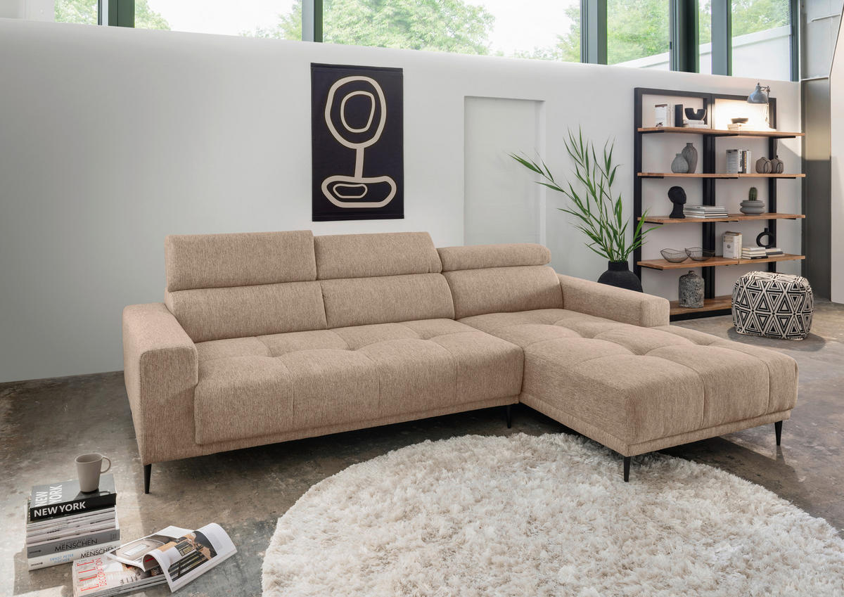 ECKSOFA Hellbraun Chenille  - Hellbraun/Schwarz, KONVENTIONELL, Textil/Metall (276/188cm) - Livetastic