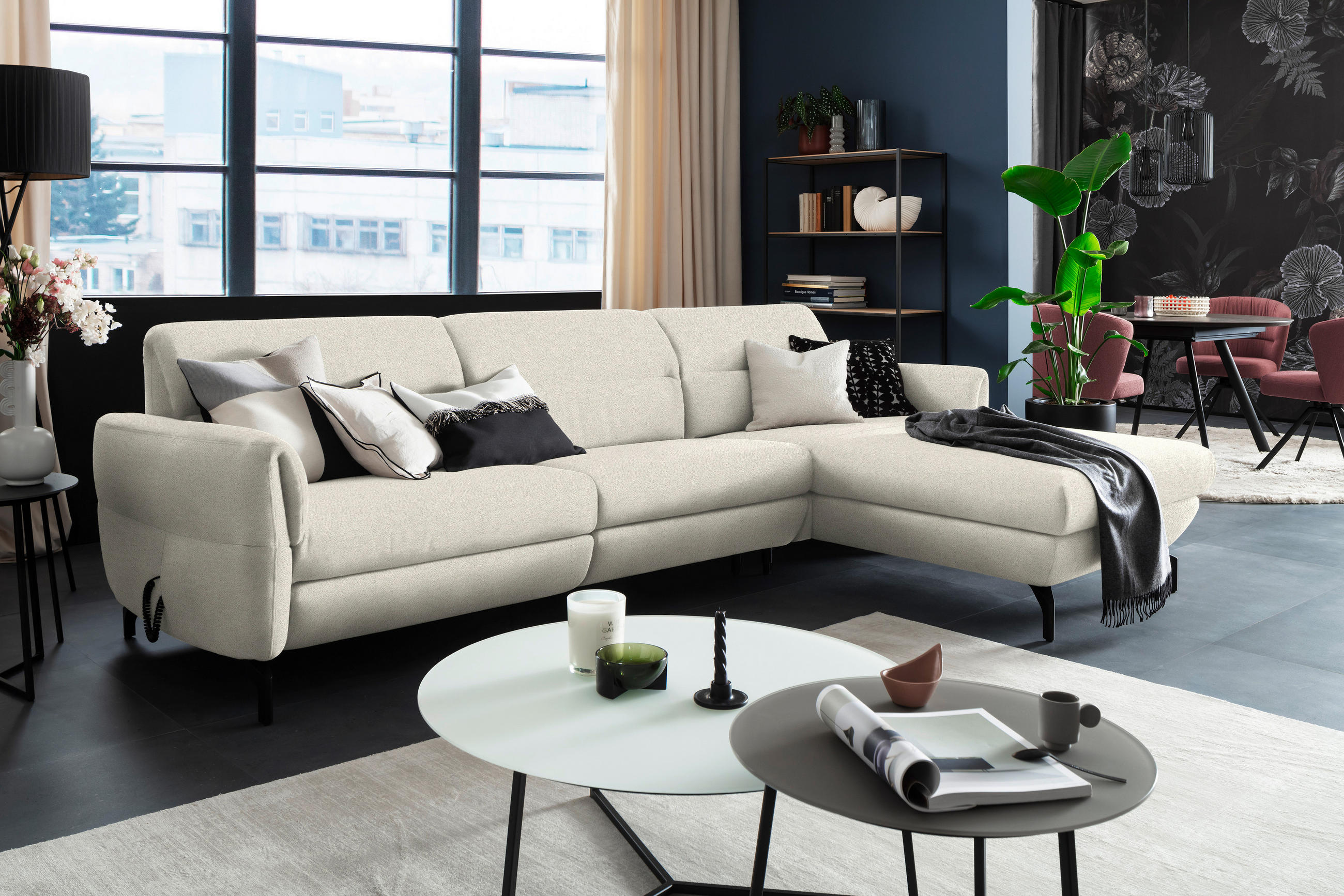 ECKSOFA in Chenille Creme  299/187 cm  - Creme/Schwarz, Design, Textil/Metall (299/187cm) - Schöner Wohnen