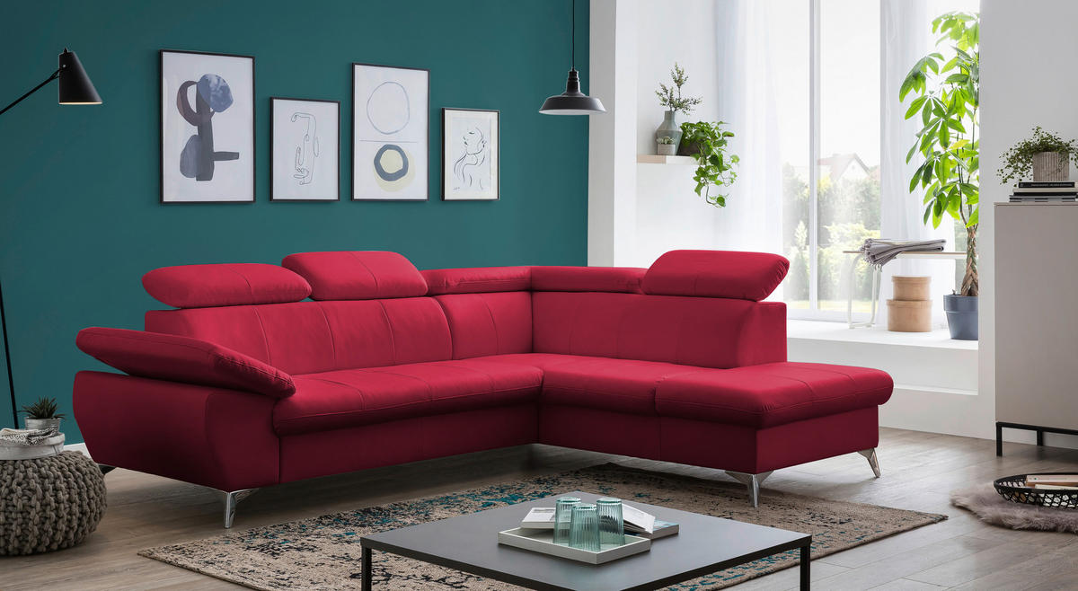 ECKSOFA Rot Lederlook  - Chromfarben/Rot, KONVENTIONELL, Textil/Metall (256/209cm) - Livetastic