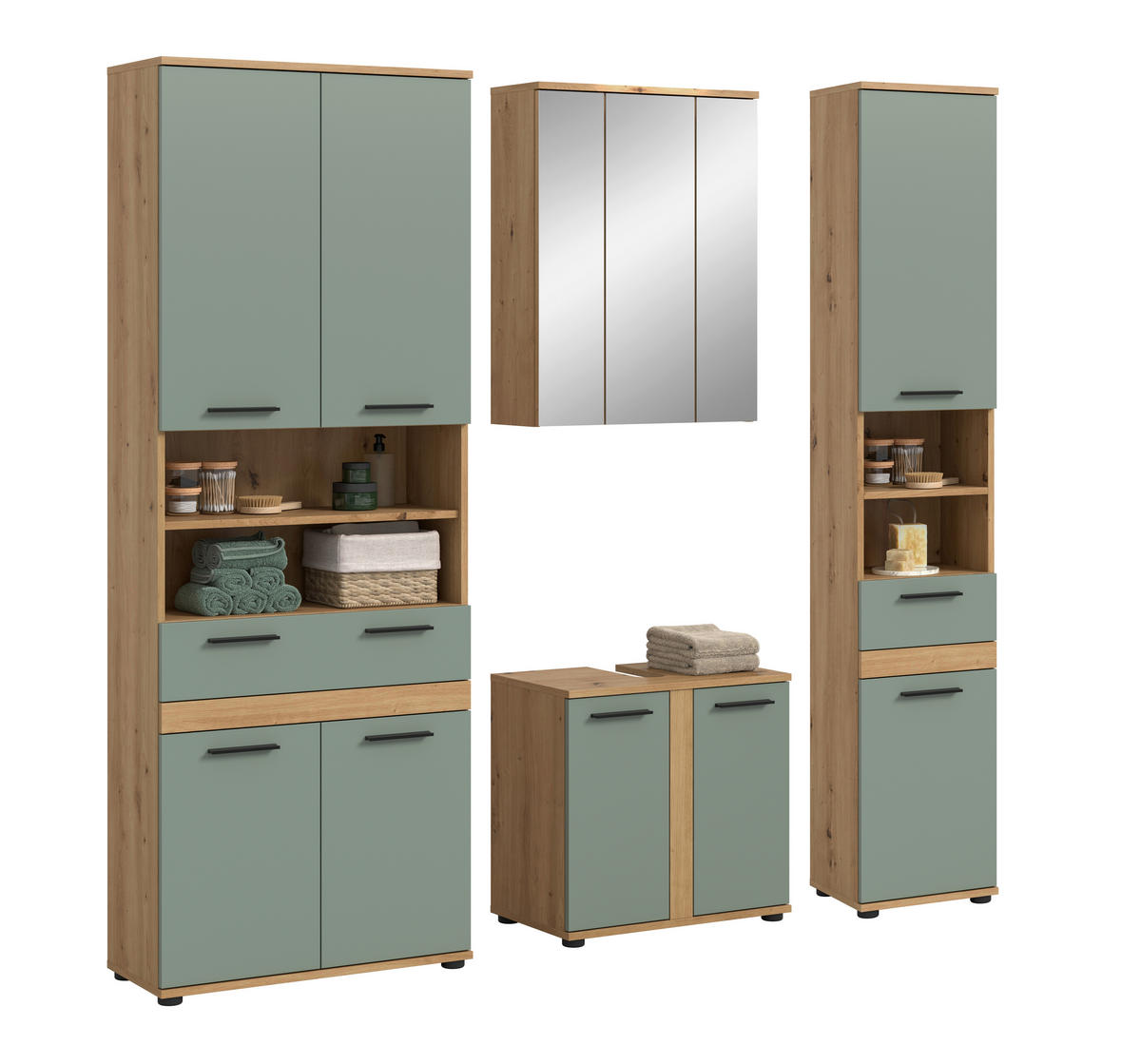 BADEZIMMER 4-teilig  in 195 cm  - Salbeigrün/Schwarz, Trend, Glas/Holzwerkstoff (195cm) - MID.YOU