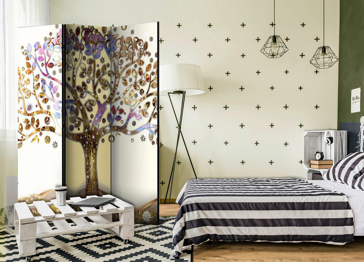 PARAVENT mit 3  Flügel - Lila/Braun, Basics, Holz/Textil (135cm) - artgeist