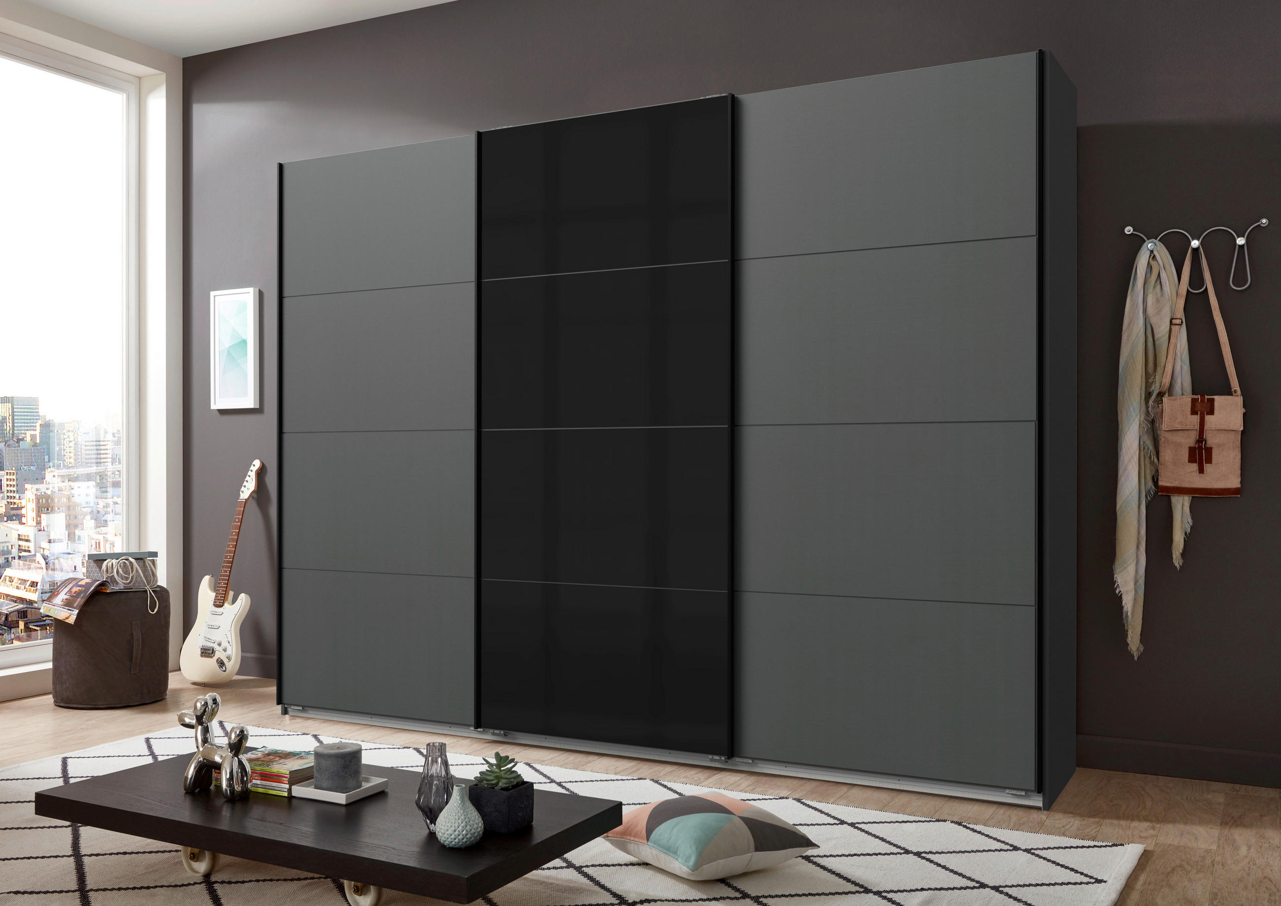 ARMOIRE À PORTES COULISSANTES in Graphitfarben, Schwarz  - Graphitfarben/Schwarz, Design, Glas/Holzwerkstoff (270/210/65cm) - Carryhome