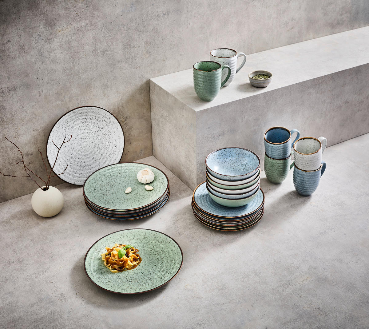 KOMBISERVICE Blau, Grün, Beige Farmhouse 24-teilig 6 Personen  - Blau/Beige, Design, Keramik - Landscape