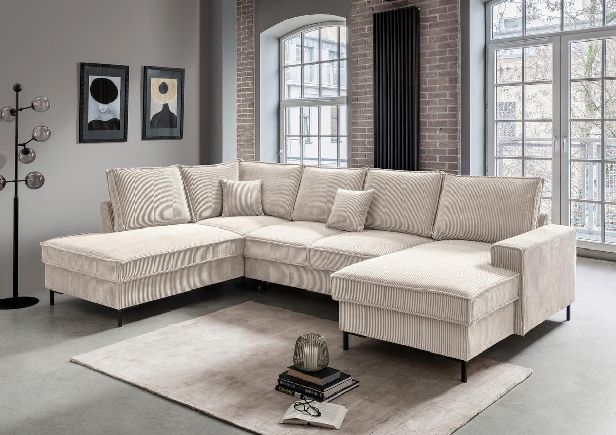 WOHNLANDSCHAFT in Cord Beige  - Beige/Schwarz, Modern, Textil/Metall (198/309/150cm) - MID.YOU