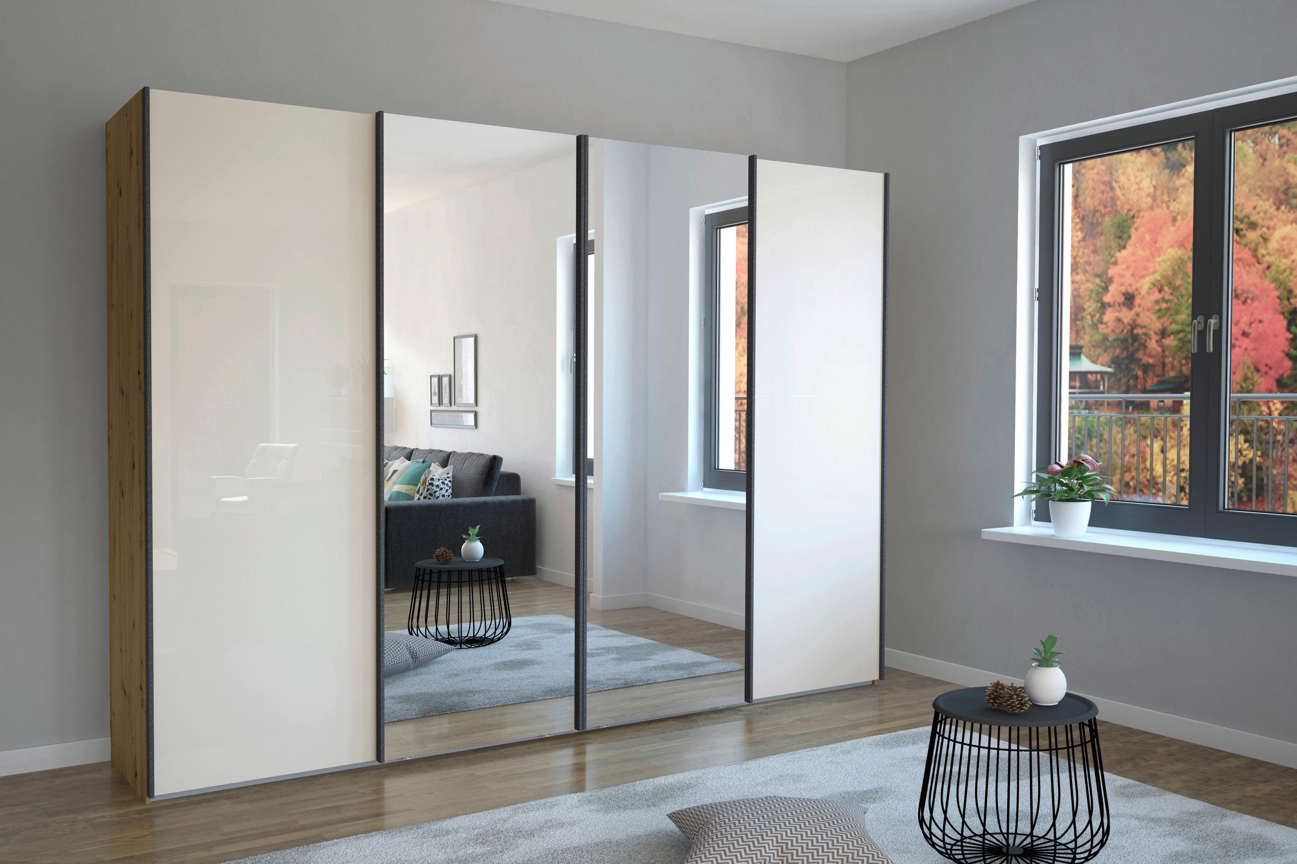 SCHWEBETÜRENSCHRANK in Champagner, Eiche Bianco  - Schieferfarben/Eiche Bianco, Konventionell, Glas/Holzwerkstoff (300/217/67cm) - Dieter Knoll