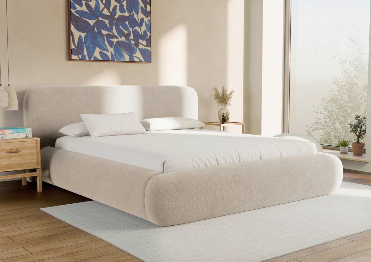 POLSTERBETT 180/200 cm,  in Beige, gepolstertes Kopfteil, Lattenrost, Bettkasten,  - Beige/Schwarz, Design, Holz/Textil (180/200cm) - Chameo