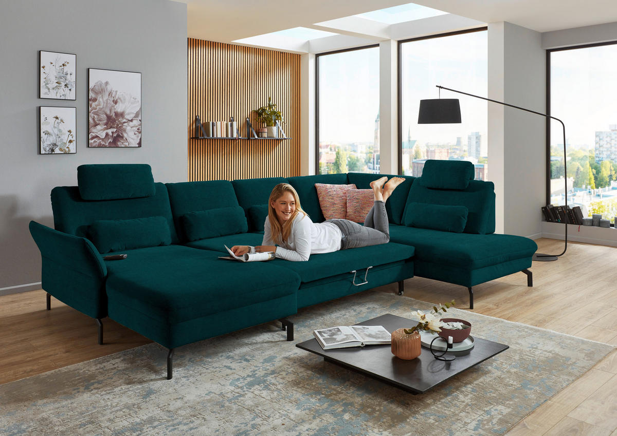 WOHNLANDSCHAFT in Velours Petrol  - Petrol/Schwarz, Design, Textil/Metall (179/335/220cm) - Beldomo System