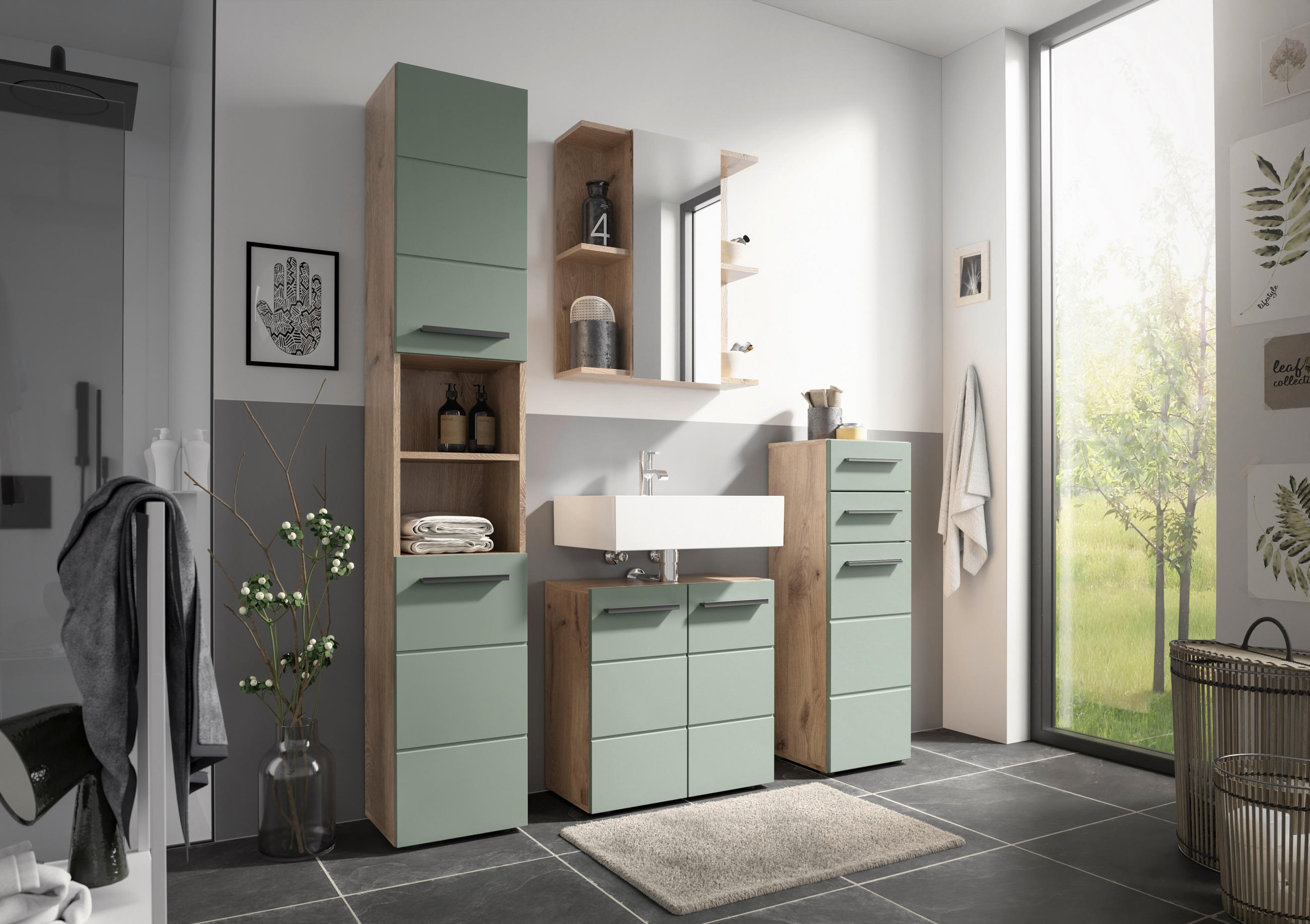MIDISCHRANK 34/104/31 cm  - Schilfgrün/Eichefarben, Basics, Holzwerkstoff/Kunststoff (34/104/31cm) - MID.YOU