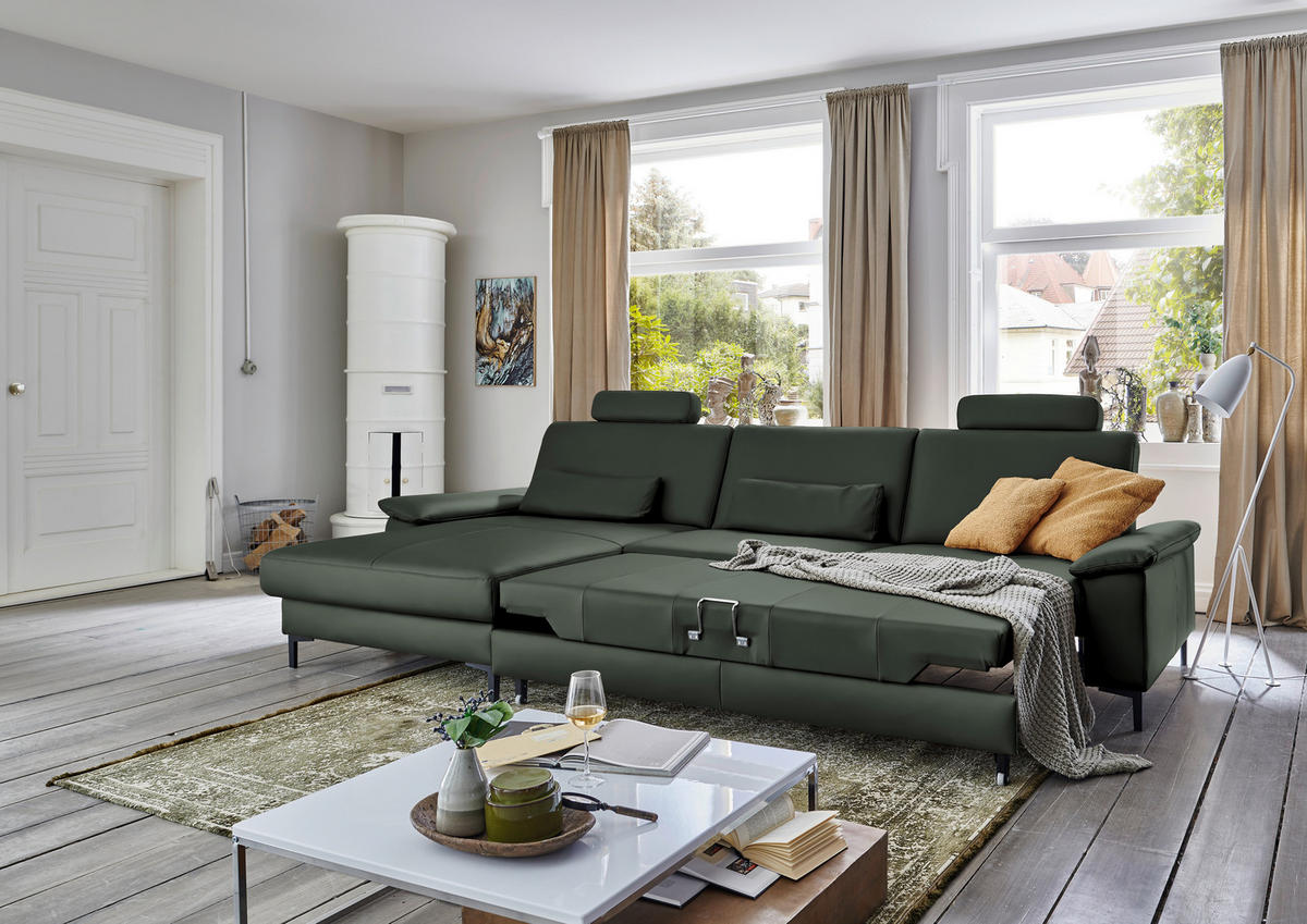 ECKSOFA in Echtleder Dunkelgrün  - Dunkelgrün/Schwarz, Design, Leder/Metall (176/334cm) - Dieter Knoll