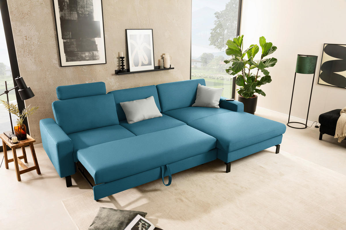 ECKSOFA Cord Petrol  - Petrol/Schwarz, Design, Textil/Metall (298/185cm) - Pure Home Lifestyle