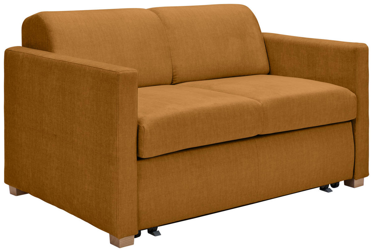 SCHLAFSOFA Flachgewebe Dunkelgelb  inkl. Bettkasten, Schlaffunktion, Rücken echt  - Buchefarben/Dunkelgelb, KONVENTIONELL, Holz/Textil (144/81/97,5cm) - Carryhome