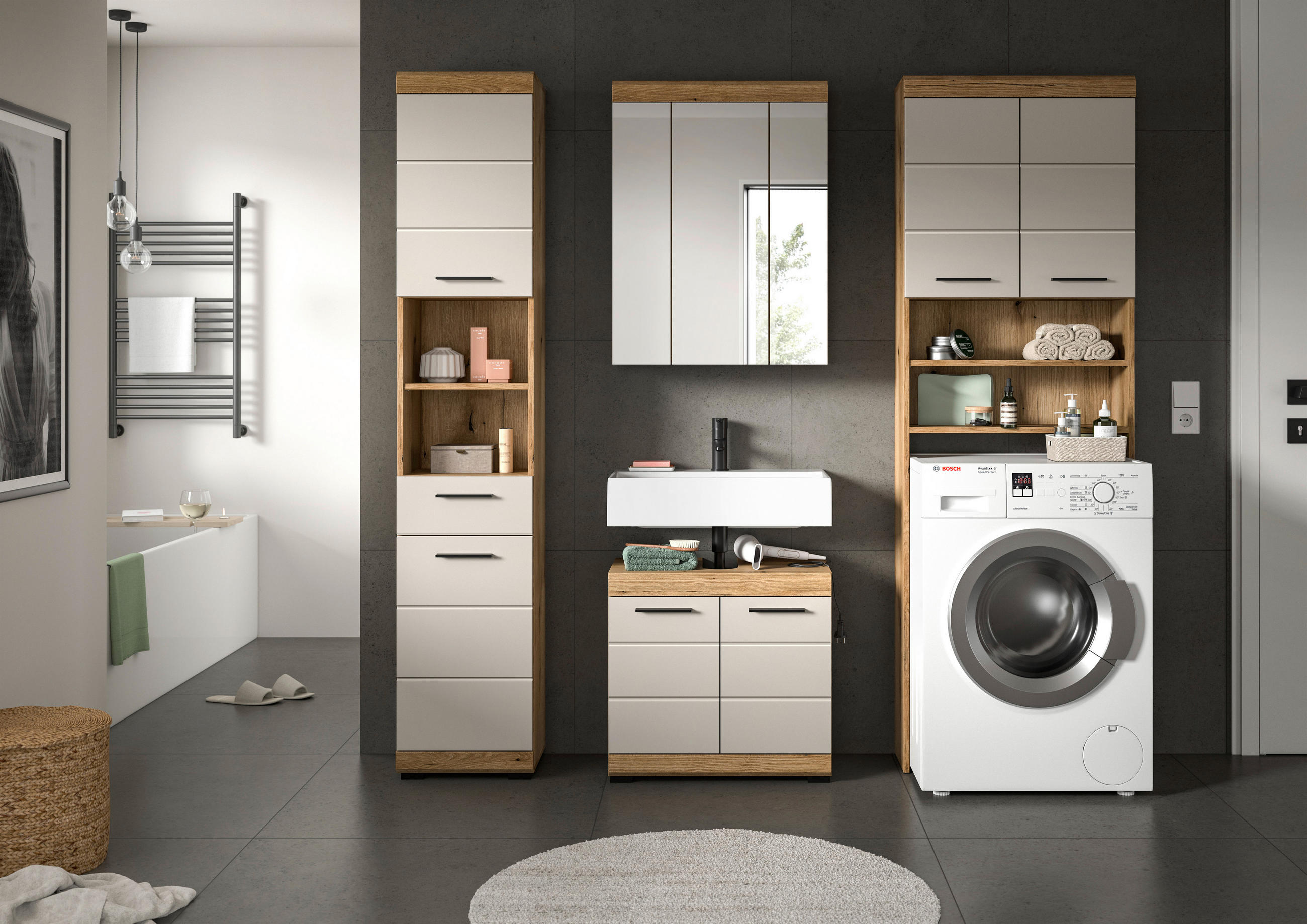 BADEZIMMER 4-teilig  in 160 cm  - Kaschmir/Schwarz, MODERN, Holzwerkstoff/Kunststoff (160cm) - MID.YOU