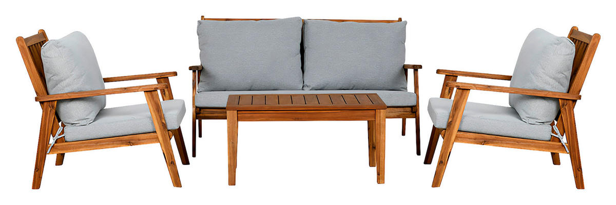 LOUNGEGARNITUR 4-teilig   Akazie massiv  - Hellgrau/Akaziefarben, MODERN, Holz/Textil - MID.YOU