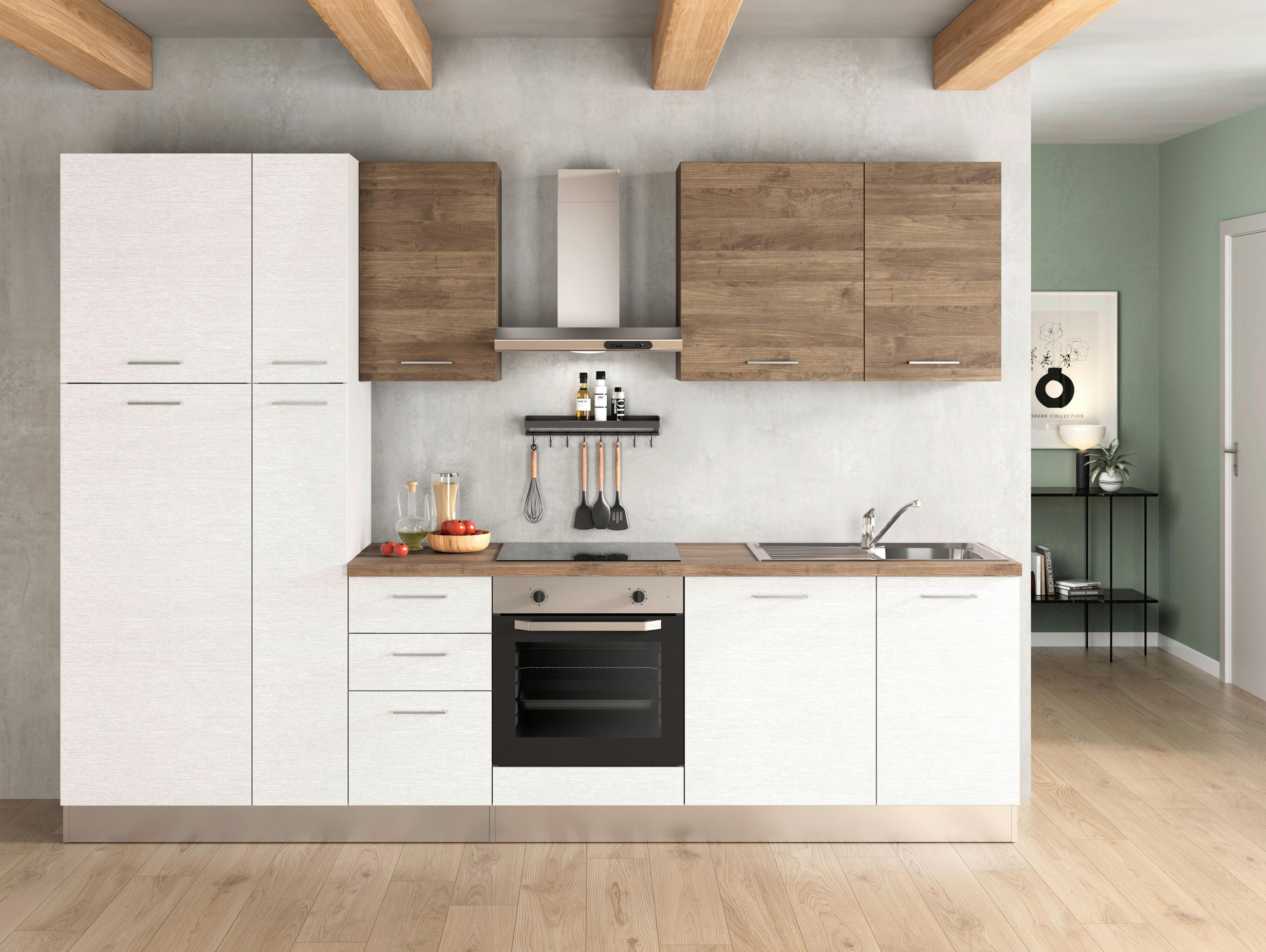 Küchenzeile Dafne 300 cm Weiß/Nussbaumfarben