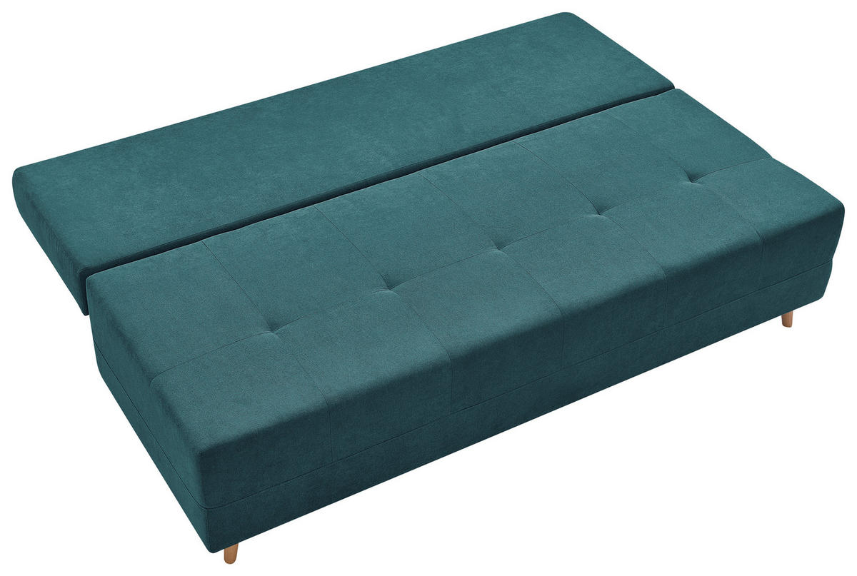 SCHLAFSOFA LUMOS Samt Petrol  inkl. Rückenkissen, Armlehnenkissen, Schlaffunktion, Rücken echt, Stauraum  - Petrol/Naturfarben, Design, Textil (206/96/96cm) - P & B