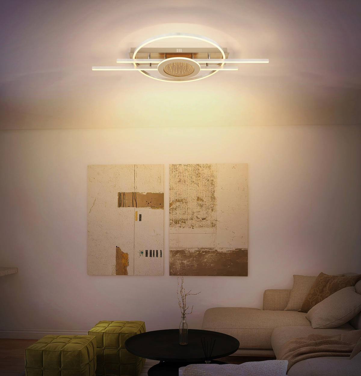 LED-DECKENLEUCHTE Donte 95/50/10 cm  - Sandfarben/Silberfarben, Design, Kunststoff/Metall (95/50/10cm) - Globo