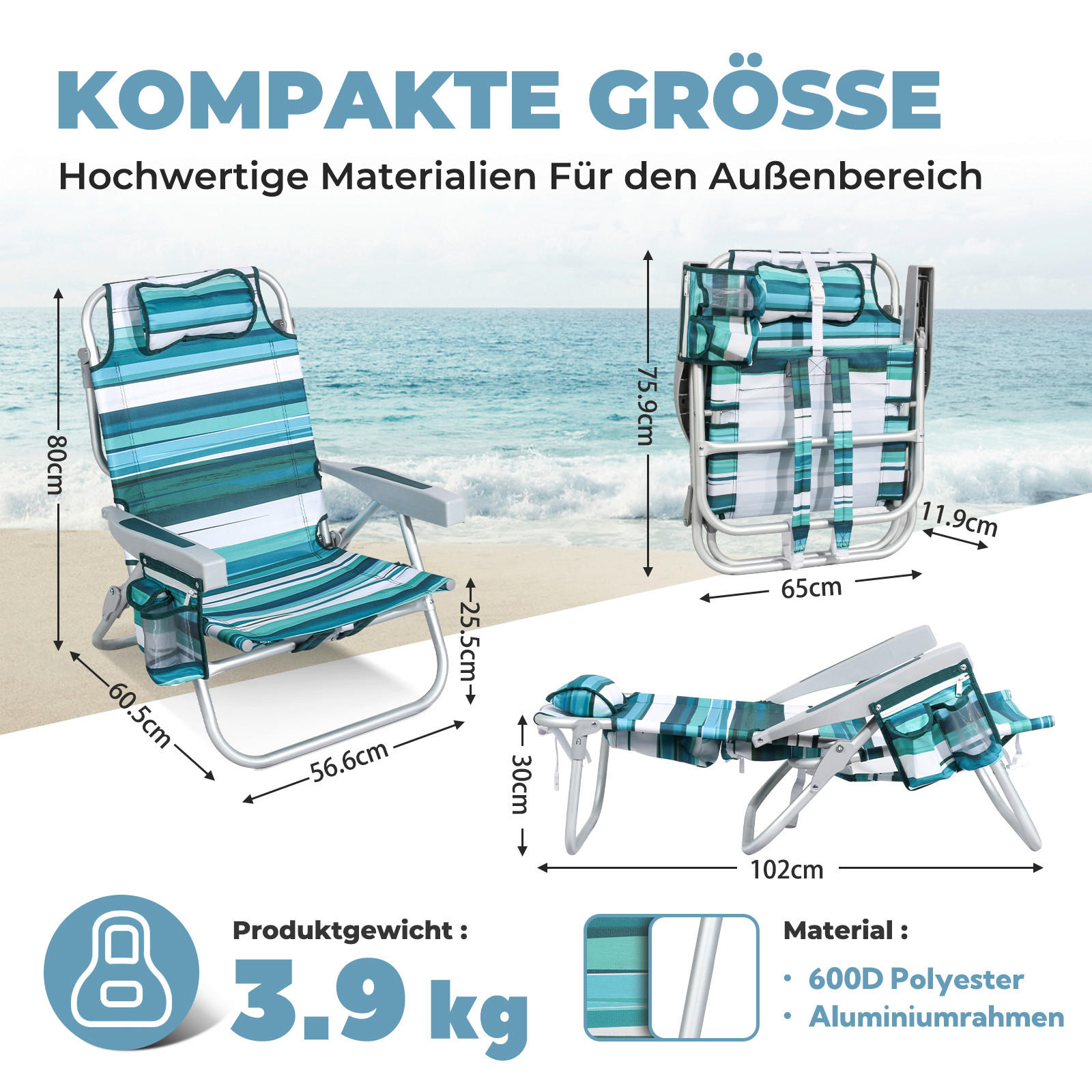 STRANDSTUHL-SET Aluminium Türkis, Grün, Silberfarben  - Türkis/Silberfarben, Basics, Textil/Metall (57/80/61cm) - Modante