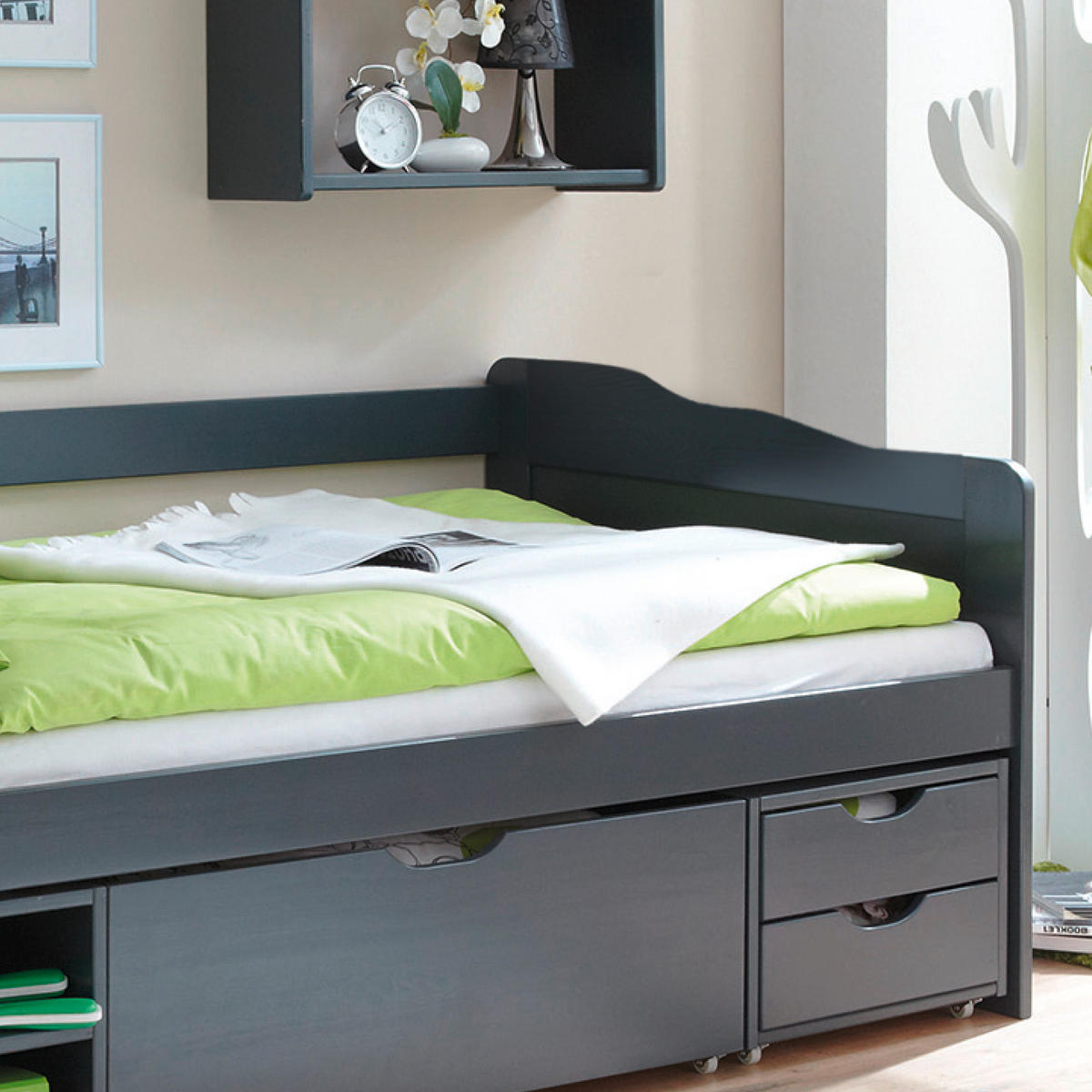 STAURAUMBETT 90/200 cm  in Dunkelgrau   - Dunkelgrau, Modern, Holz (90/200cm) - MID.YOU