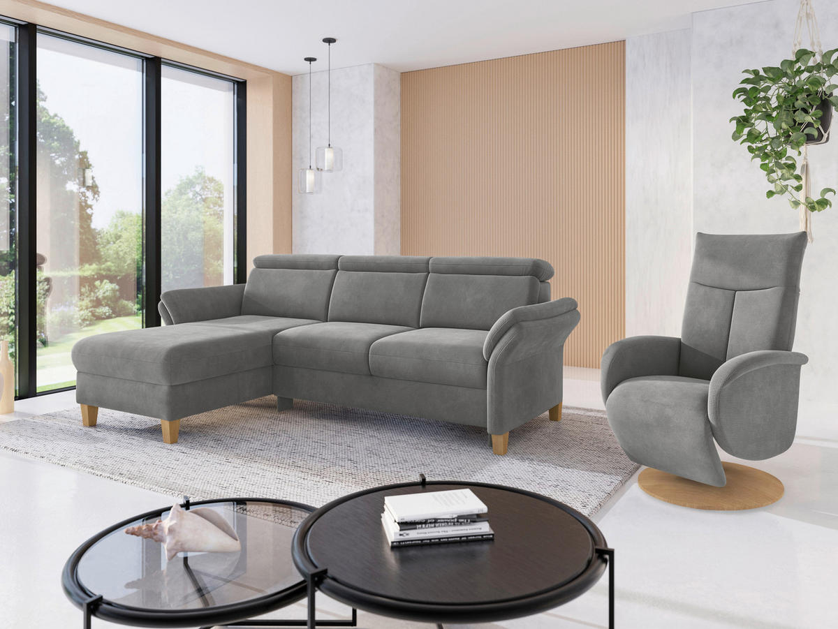 ECKSOFA GLENDALE E Grau Flachgewebe  - Eichefarben/Grau, KONVENTIONELL, Holz/Textil (166/253cm) - Sit & More