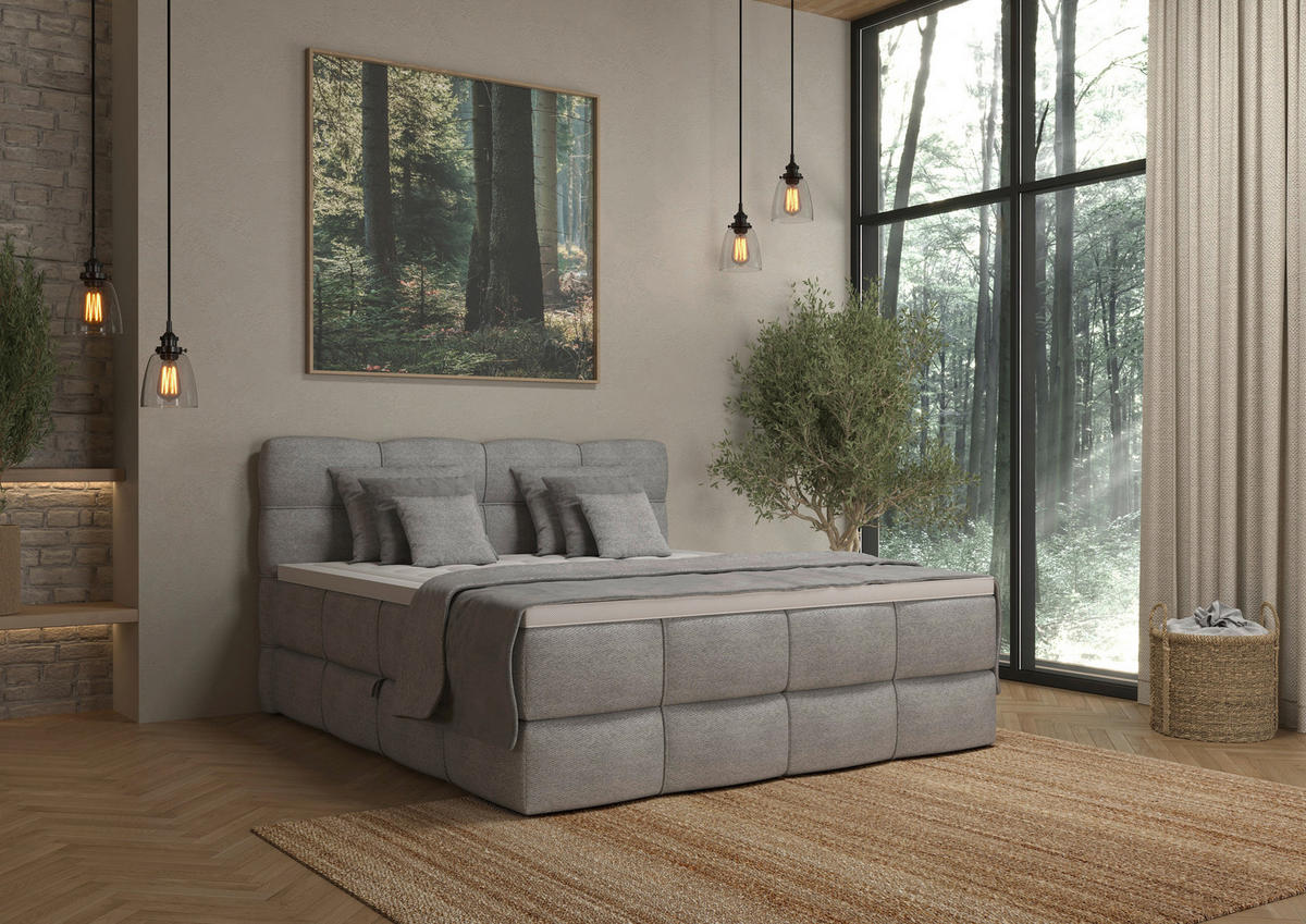 BOXSPRINGBETT 160/200 cm,  in Grau, gepolstertes Kopfteil, Bettkasten, Topper, Matratzen, H3 + H3 = fest  - Schwarz/Grau, Design, Kunststoff/Textil (160/200cm) - Chameo